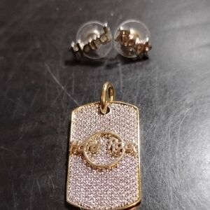 Gold-Tone Pavé Dog Tag Hard Rock Pendant w/ Pierced Earrings (Necklace NOT Inc.)
